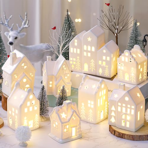 26-Piece White Ceramic Christmas Village Set with Light Up LED Houses
