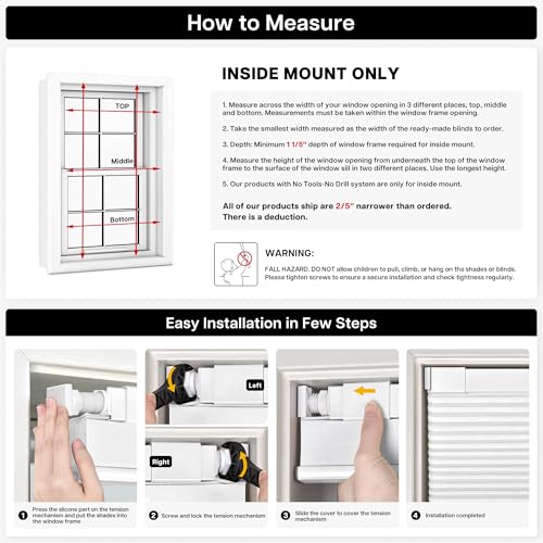 No-Drill Cordless Cellular Shades - 46" W x 48" H White Honeycomb Blinds