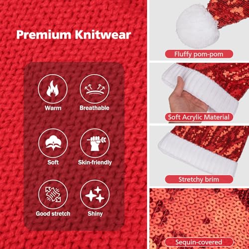 CLOOOUDS Red Sequin Santa Hat Glitter Knitted Xmas Beanie for Adults, 1 Pack