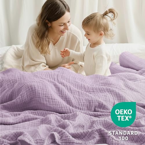 100% Cotton Muslin Throw Blanket - 50" x 70", Breathable 6-Layer Design, Soft & Lightweight Quilt for All Seasons - Lavender