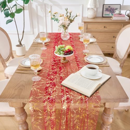 Red Gold 29x120 in Metallic Foil Tulle Table Runner - Crackle Sequin Wedding