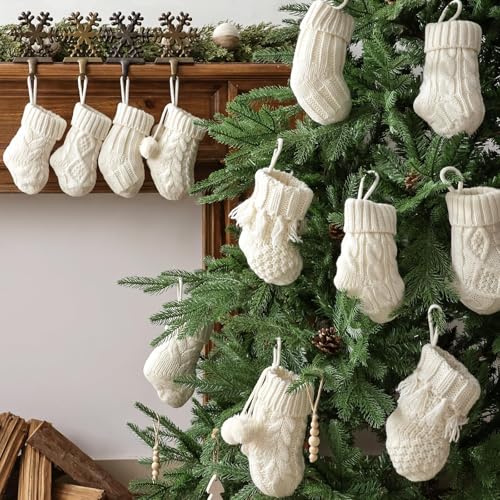 Pawliss 7 Inch Cream White Farmhouse Knitted Christmas Stockings - 12 Pack
