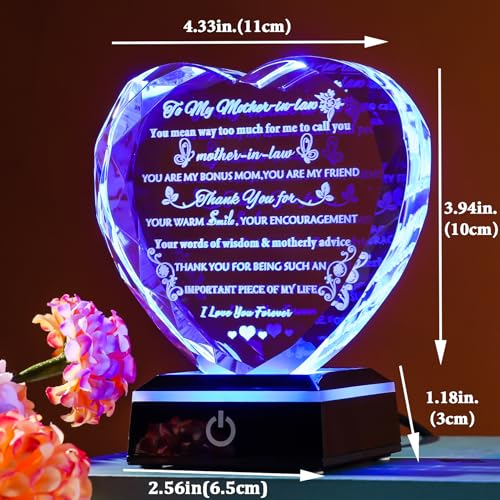 Mother-in-Law Birthday Gift with Colorful LED Base - Style 1 + LED - Heart Crystal Keepsake