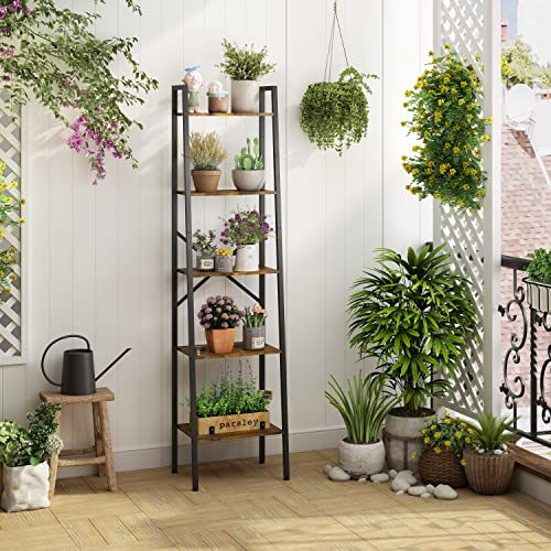 5-Tier Industrial Ladder Bookshelf, Rustic Wood and Metal Storage Shelf
