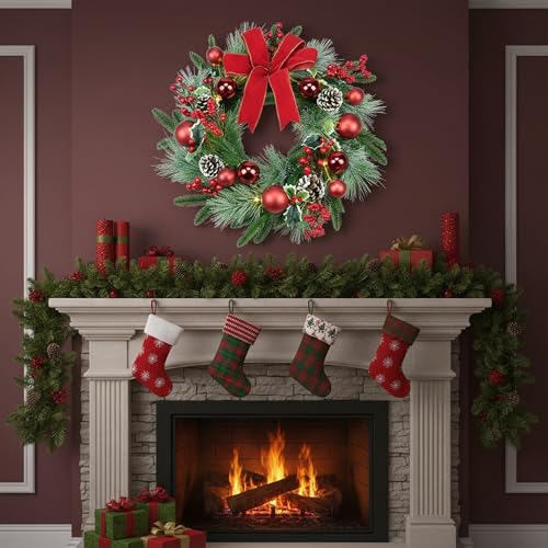 20-Inch Pre-Lit Christmas Wreath with LED Fairy Lights & Red Ornaments