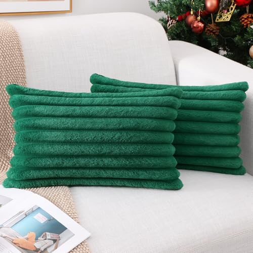 Pallene Faux Fur Throw Pillow Covers 12x20 Set of 2 Christmas Green - Soft Velvet & Rabbit Fur Design