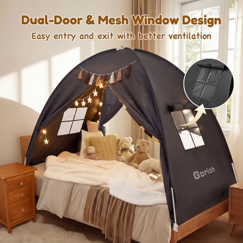 Kids Twin Bed Tent - Indoor Privacy Sleeping Canopy Playhouse with Lights