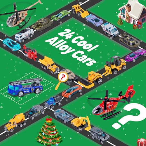 Kids Christmas Advent Calendar with 24 Die-Cast Alloy Toy Cars & Play Map
