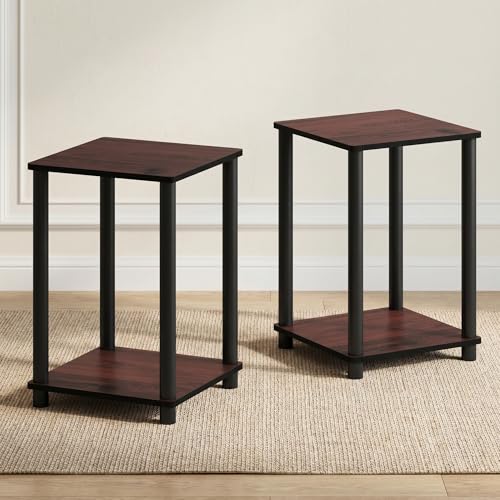 2-Tier Toolless Side Table Set, Compact Open Shelf End Tables, Cherry Oak