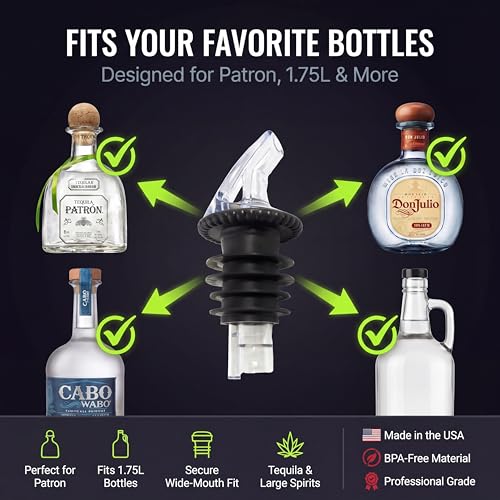 AmeriPour Clear Speed Pourer - Patron Pour Spout Made in USA, No Leak Cocktail Dispenser