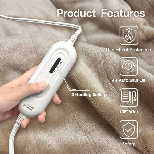 Electric Heated Blanket Throw - Ultra Soft Flannel, 3 Heat Settings, Auto Off, Machine Washable, 50" x 60"