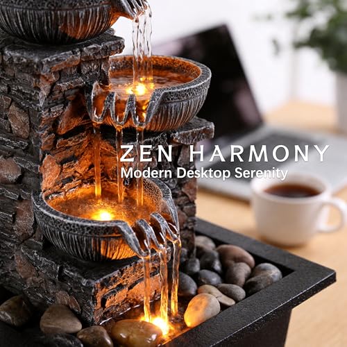 Tabletop Waterfall Fountain with LED Light - Indoor Zen Water Decor