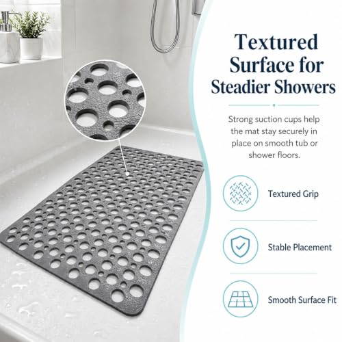 Non-Slip Shower Mat with Suction Cups, Washable Bathtub Mat - Grey 27.6x15"