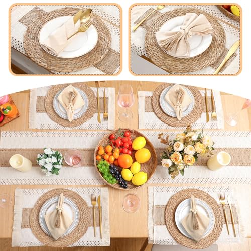 Boho Farmhouse Table Runner and Placemat Set with Napkins and Bead Rings