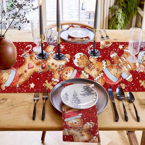 Christmas Gingerbread Man Table Runner 13x36 Inch Holiday Decor for Dining & Party