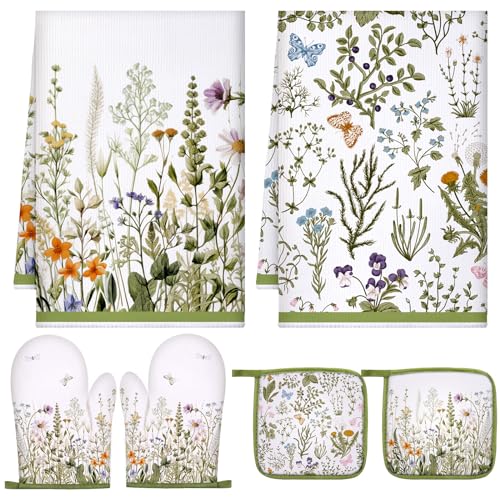 6-Piece Farmhouse Sunflower Kitchen Set: Oven Mitts, Pot Holders, Dish Towels