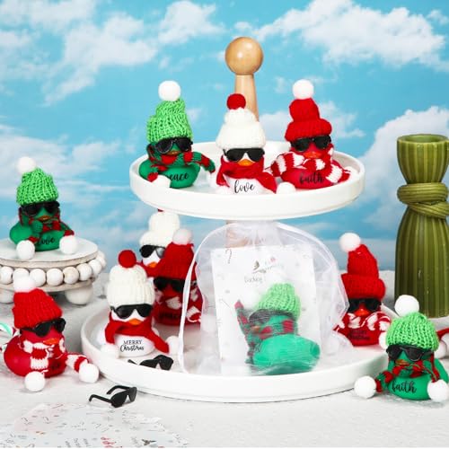 Lunmon Christmas Party Favors Set with 50 Rubber Ducks, Cards, Hats & Organza Bags - Red Green White Xmas