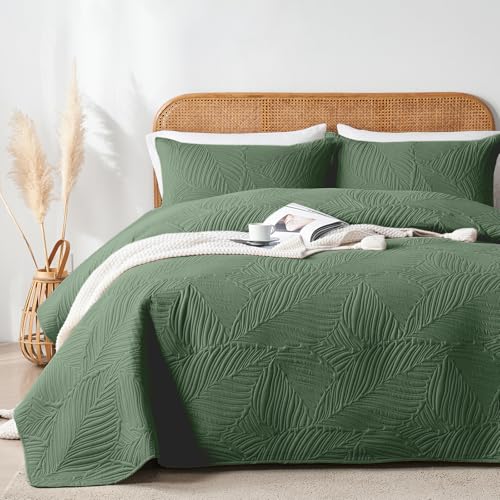 OARAGE Olive Green Queen Quilt Bedding Set - 3-Piece Microfiber Bedspread