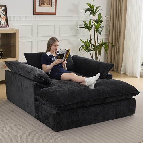 69" Oversized Chenille Chaise Lounge Chair with Ottoman, Dark Grey