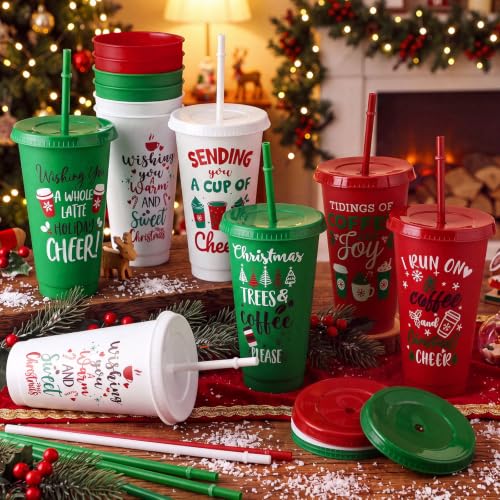 Vesici 12 Pack 24 Oz Christmas Plastic Cups with Lids and Straws – Joy Edition
