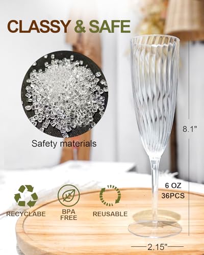 36 Pack 6 Oz Disposable Champagne Flutes, Clear Plastic Wine Glasses