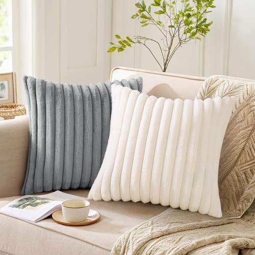 Pallene Faux Fur Throw Pillow Covers 18x18 Set of 2, Cream White Plush Decor