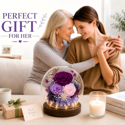 Preserved Eternal Rose in Glass Dome - Real Purple Flower with Wood Base