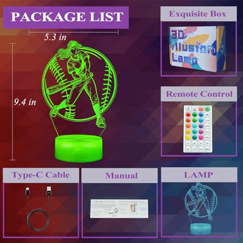 3D Softball Night Light, LED Sports Lamp with Remote Control, 16 Colors