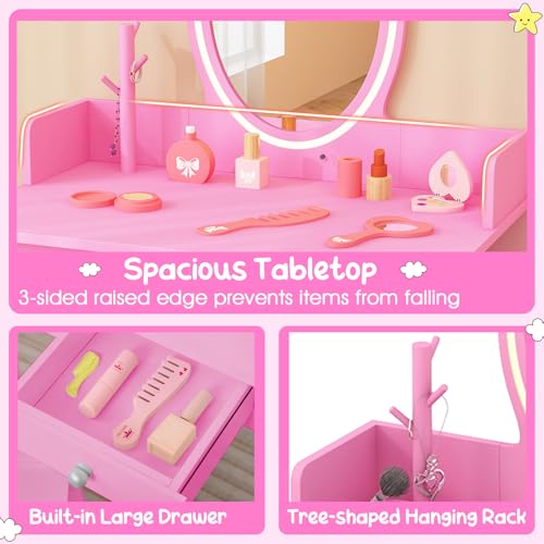 Kids Vanity Table and Chair Set with LED Lighted Mirror and Storage Drawer