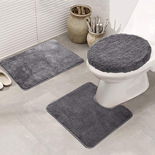 3-Piece Soft Bathroom Rug Set - Non-Slip Absorbent Bath Mat and Toilet Cover