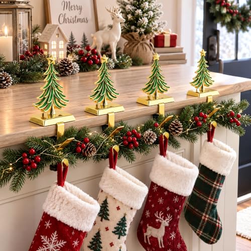 JUSTOTRY Green & Gold 4-Piece Christmas Stocking Holders for Mantle - Adjustable & No-Drill Garland Hangers