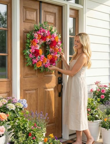 26-Inch Floral Summer Wreath for Front Door with Hanger, Pink and Orange