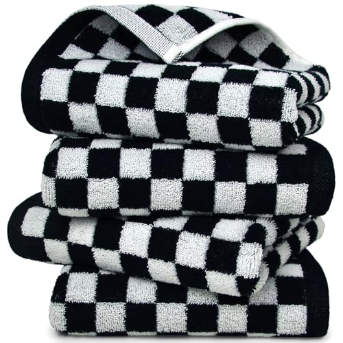 Black and White Cotton Hand Towels, 13x29 Inch Checkered Set of 4