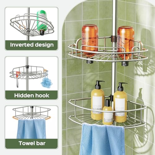 HAMITOR 4-Tier Tension Pole Corner Shower Caddy, Rustproof Adjustable Shelves