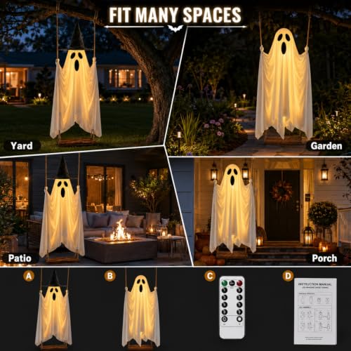 5 FT Lighted Hanging Halloween Ghost Decor with Remote & Detachable Hat