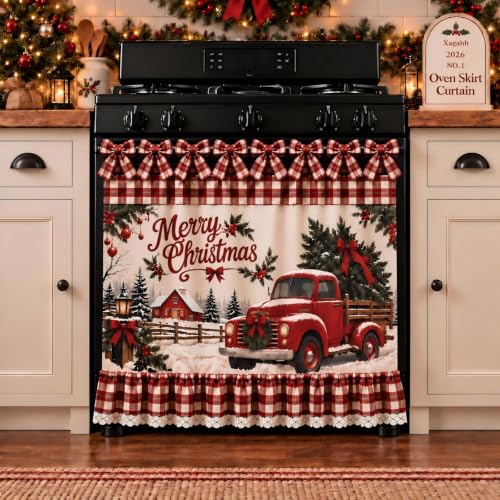 Xagahb Red Truck Christmas Oven Skirt Curtain with Tie Top Farmhouse Decor