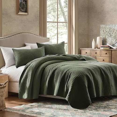 WDCOZY 100% Cotton Queen Quilt Set - Olive Green Striped Bedspread (3 Piece)