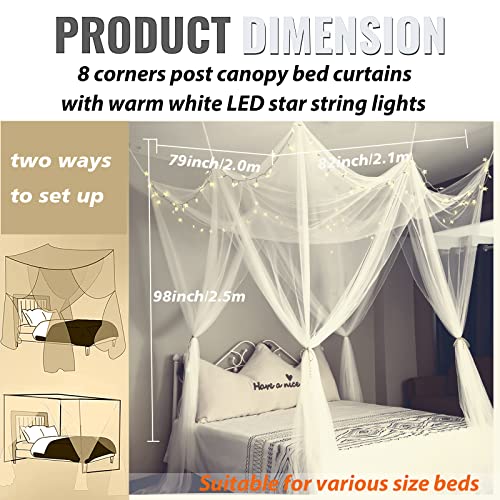 White Princess Bed Canopy with Warm White LED Star Lights & Remote