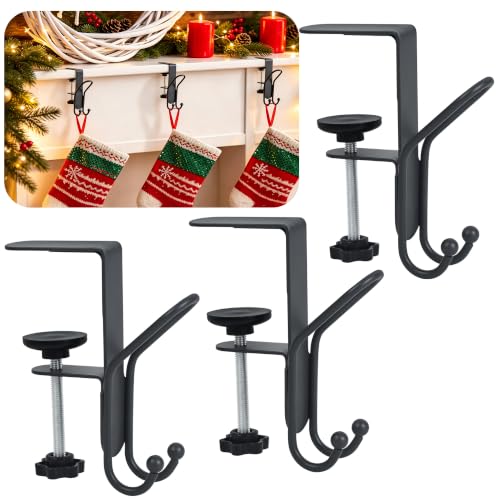 Muximud 3-Pack Black Christmas Stocking Holders for Fireplace Mantle 2-in-1 Hooks