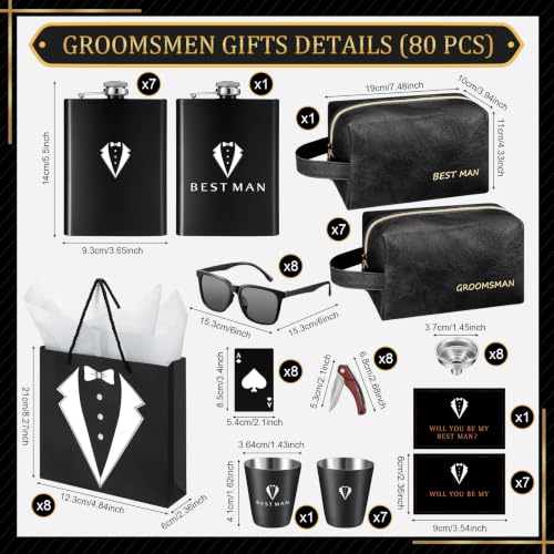 Rigibright 80 Pcs Black Groomsmen Gift Set for Wedding - Flasks, Shot Glasses & More
