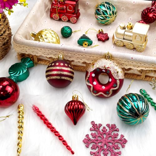 82-Piece Christmas Ornament Set - Red Green Gold Assorted Plastic Ball, Snowflakes, Icicles & Train Decorations