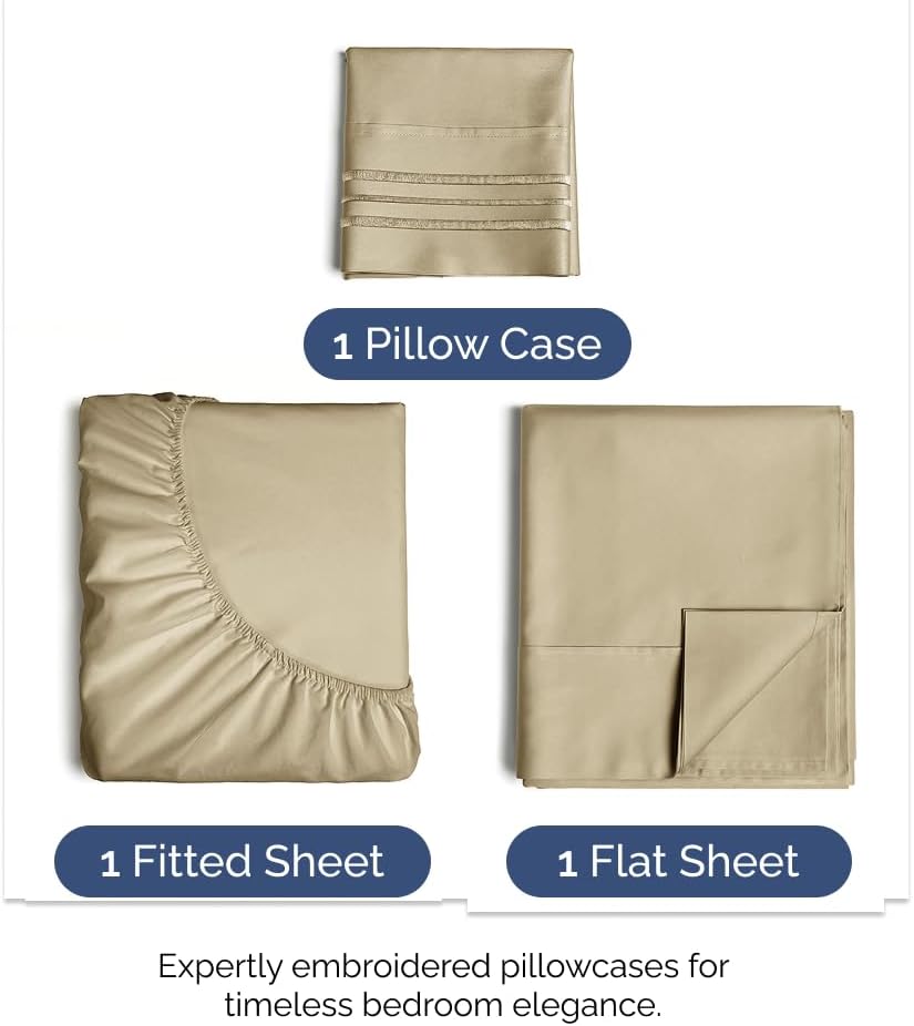 Skiennix Twin XL Sheet Set - Comfy Cooling Bed Sheets with Deep Pockets - Ultra-Soft & Wrinkle-Free - Beige