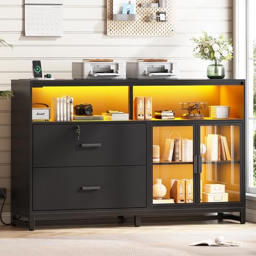 59-Inch Lateral Filing Cabinet with Lockable Drawers, Printer Stand & LED