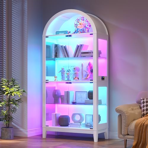Arched Glass Display Cabinet with RGB LED Motion Sensor Lights, White