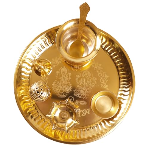 Brass Pooja Thali Set with Accessories - 8.5 Inch Gold Finish Ritual Plate