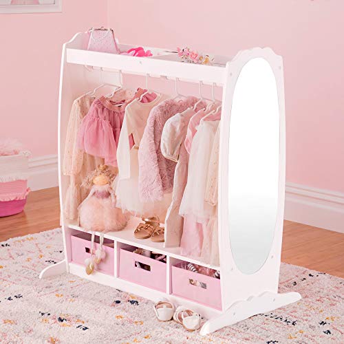 Kids Wooden Dress Up Storage Rack with Mirror and Fabric Bins