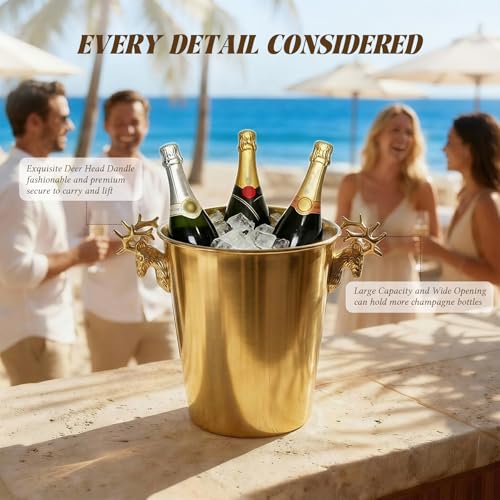 TOSELBAI Champagne & Ice Bucket Set with Stand - Large 5L Gold Stainless Steel, Includes Tongs & Scoop (2 Pack)