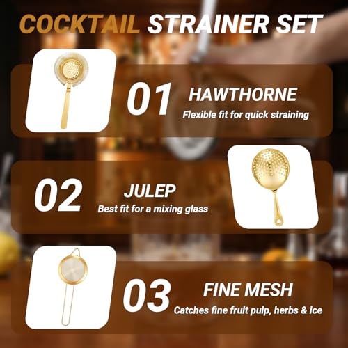 AIZOE Gold Cocktail Strainer Set - 3 Pcs Bar Tools for Drinks & Bartending