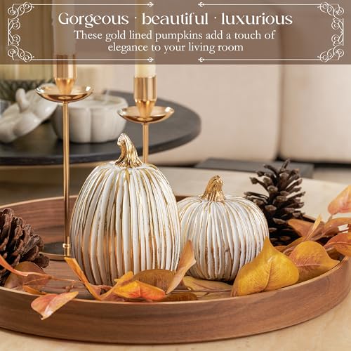 White and Gold Resin Pumpkin Figurines - Set of 2 Fall Table Centerpieces
