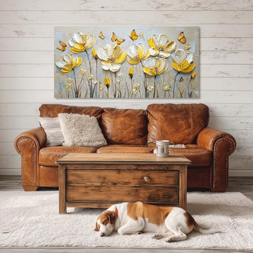 Yellow Floral Butterfly Canvas Wall Art Decor for Bedroom and Office